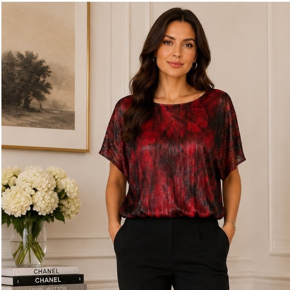 Dina and Ariel Red Black Floral Metallic Pleated Batwing Blouse Medium